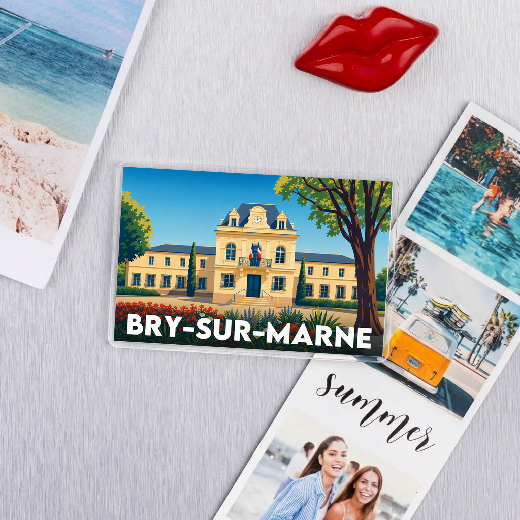 Magnet souvenir de la ville de Bry-sur-Marne avec une illustration stylisée de son hôtel de ville.
