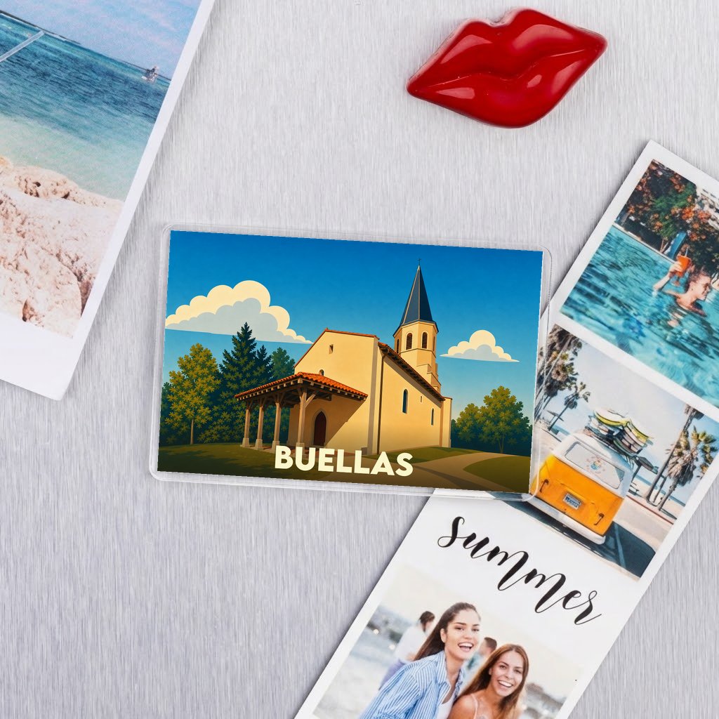 Magnet souvenir de la ville de Buellas avec une illustration stylisée de son église.