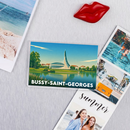 Magnet souvenir de la ville de Bussy-Saint-Georges avec une illustration stylisée.