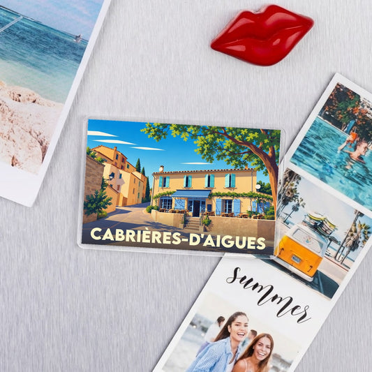 Magnétin souvenir de la ville de Cabrières-d'Aigues avec une illustration stylisée.