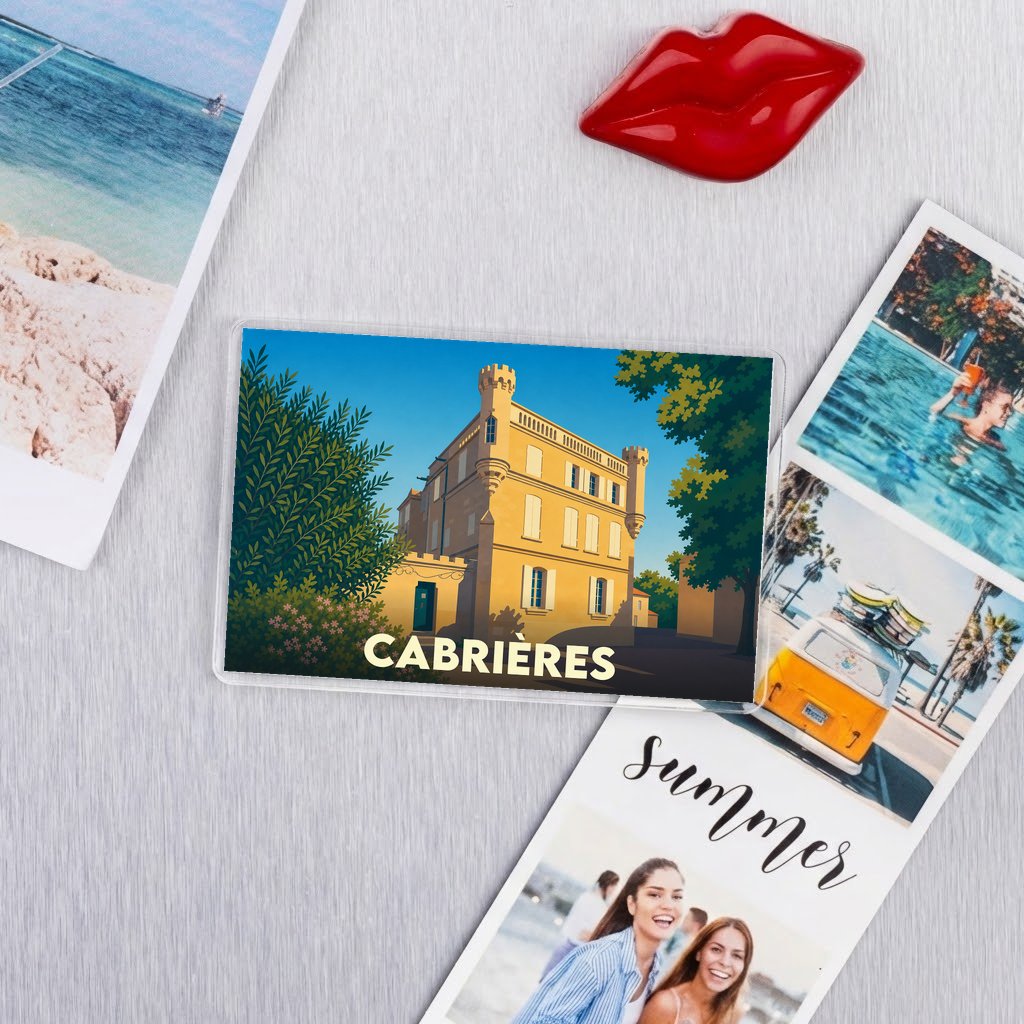 Magnet souvenir de la ville de Cabrières avec une illustration stylisée de son château.