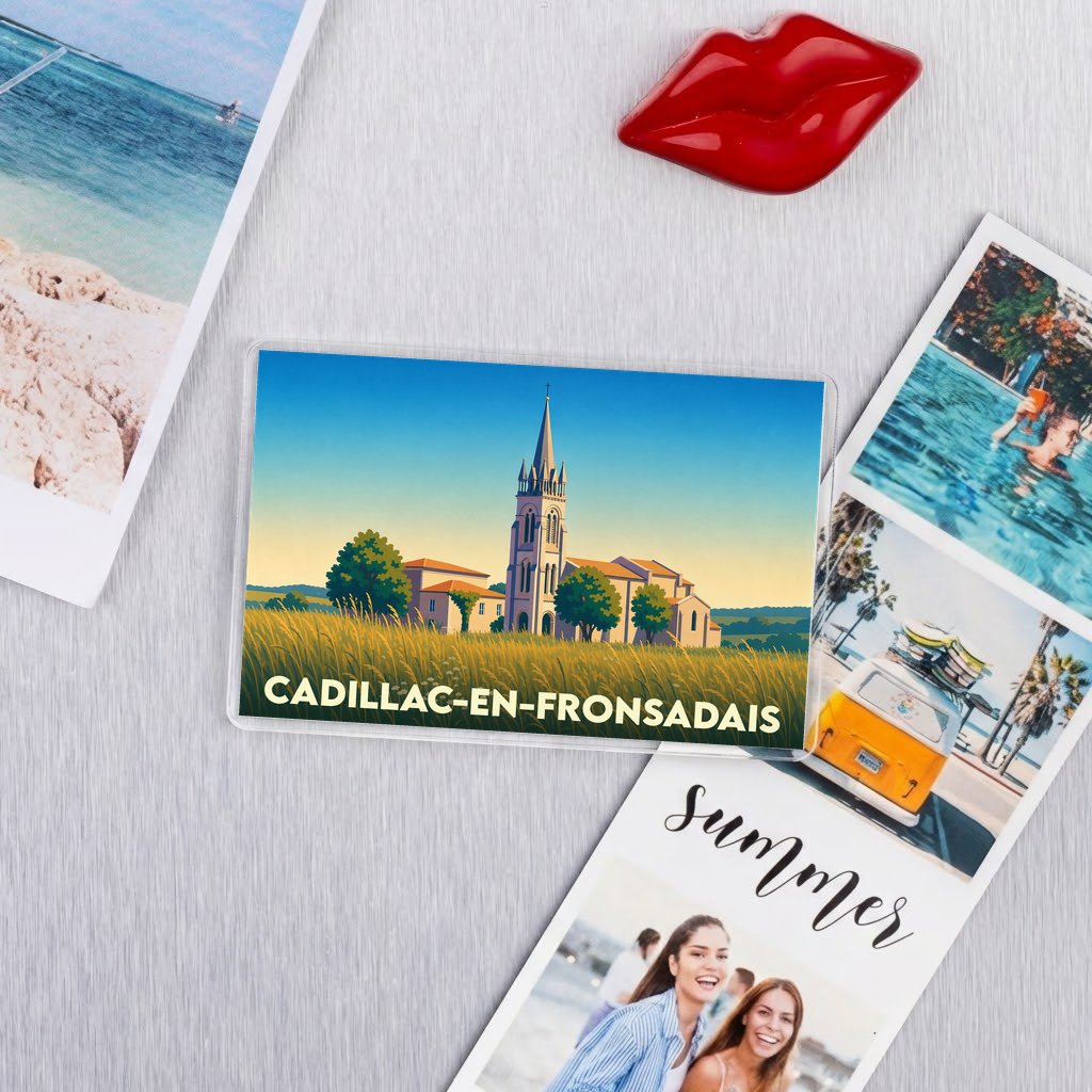 Magnétos souvenir de Cadillac-en-Fronsadais avec une illustration stylisée de son église au milieu des champs.