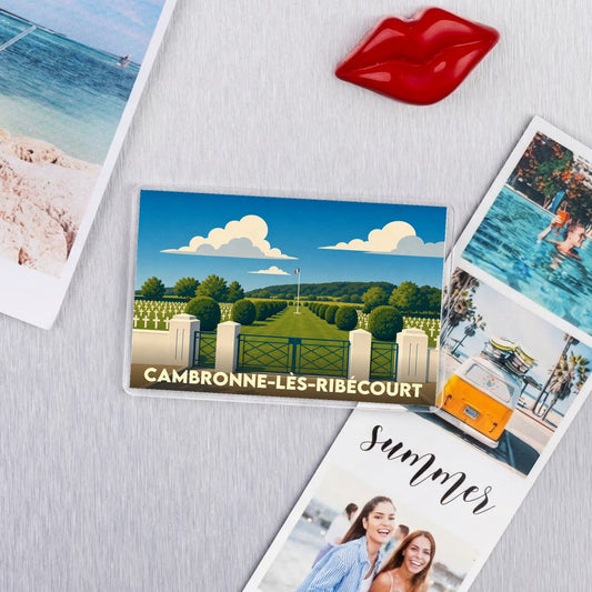 Magnet souvenir de la ville de Cambronne-lès-Ribécourt avec une illustration stylisée d'un cimetière militaire français.