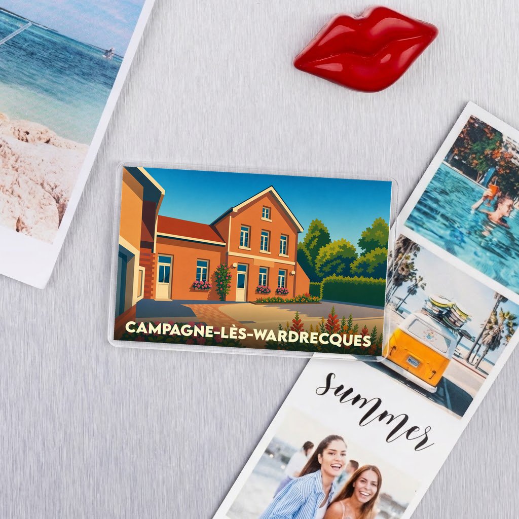 Magnet souvenir de la ville de Campagne-lès-Wardrecques avec une illustration stylisée d'un bâtiment traditionnel.
