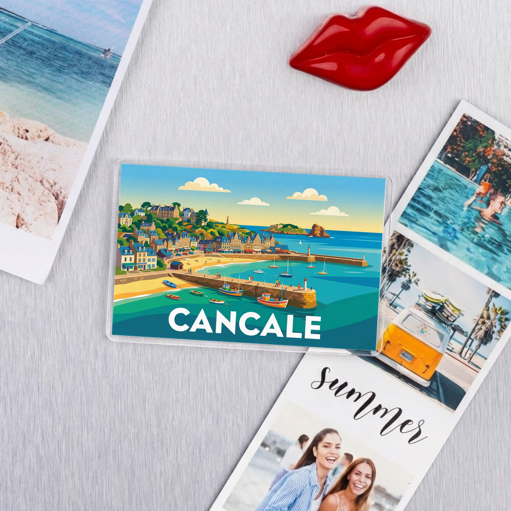 Magnet souvenir de la ville de Cancale avec une illustration stylisée de son port côtier.