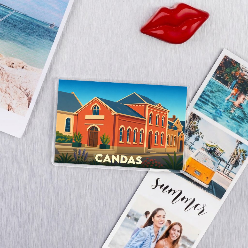 Magnet souvenir de la ville de Candas avec une illustration stylisée de ses bâtiments colorés.