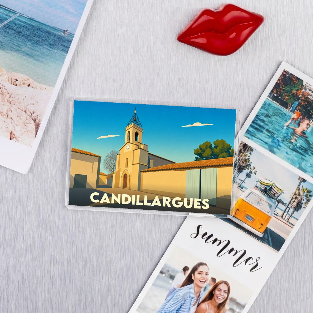 Magnet souvenir de la ville de Candillargues avec une illustration stylisée.