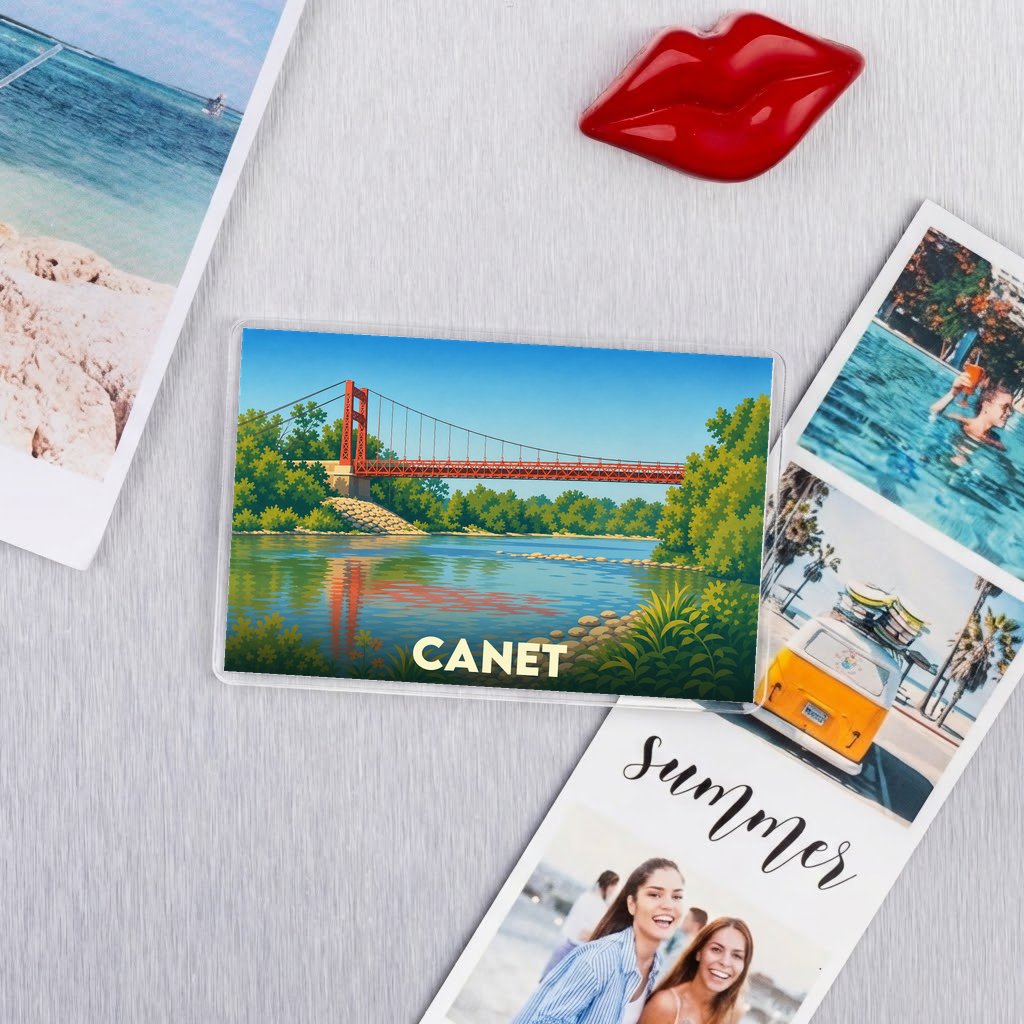 Magnet souvenir de la ville de Canet avec une illustration stylisée d'un pont suspendu.