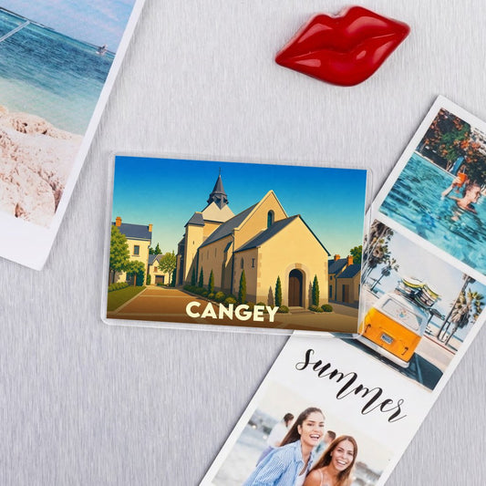 Magnet souvenir de la ville de Cangey avec une illustration stylisée de son église.