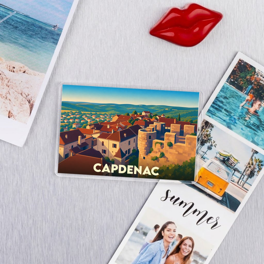 Magnet souvenir de la ville de Capdenac avec une illustration stylisée.