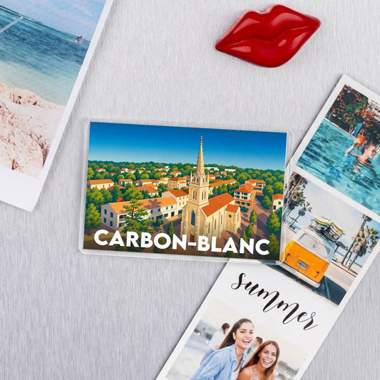 Magnet rectangulaire souvenir de la ville de Carbon-Blanc avec une illustration stylisée.