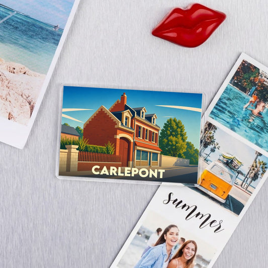 Magnet souvenir de la ville de Carlepont avec une illustration stylisée d'une maison ancienne.