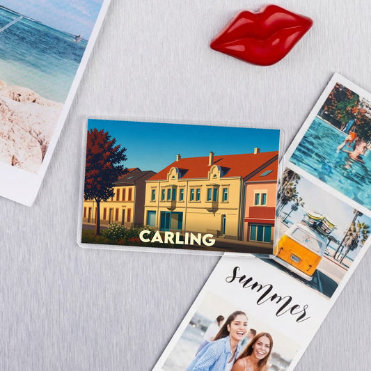 Magnet souvenir de la ville de Carling avec une illustration stylisée de bâtiments colorés.