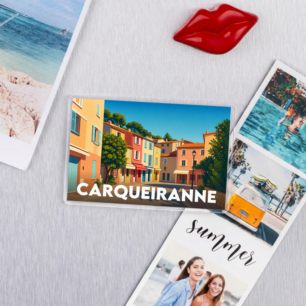 Magnet souvenir de la ville de Carqueiranne avec une illustration stylisée et colorée de ses façades provençales.