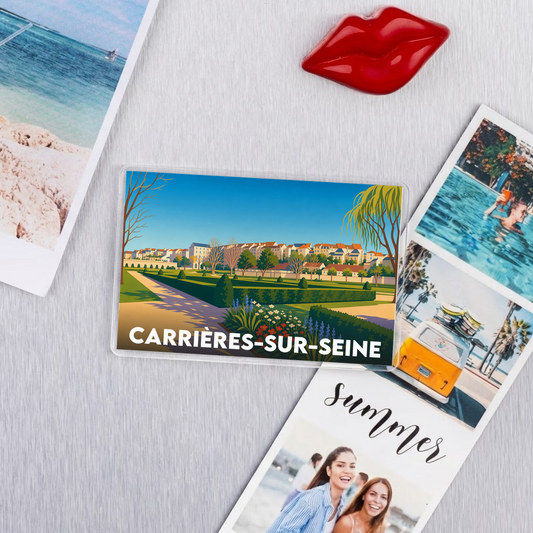 Magnet souvenir de la ville de Carrières-sur-Seine avec une illustration stylisée de ses jardins et de ses bâtiments.