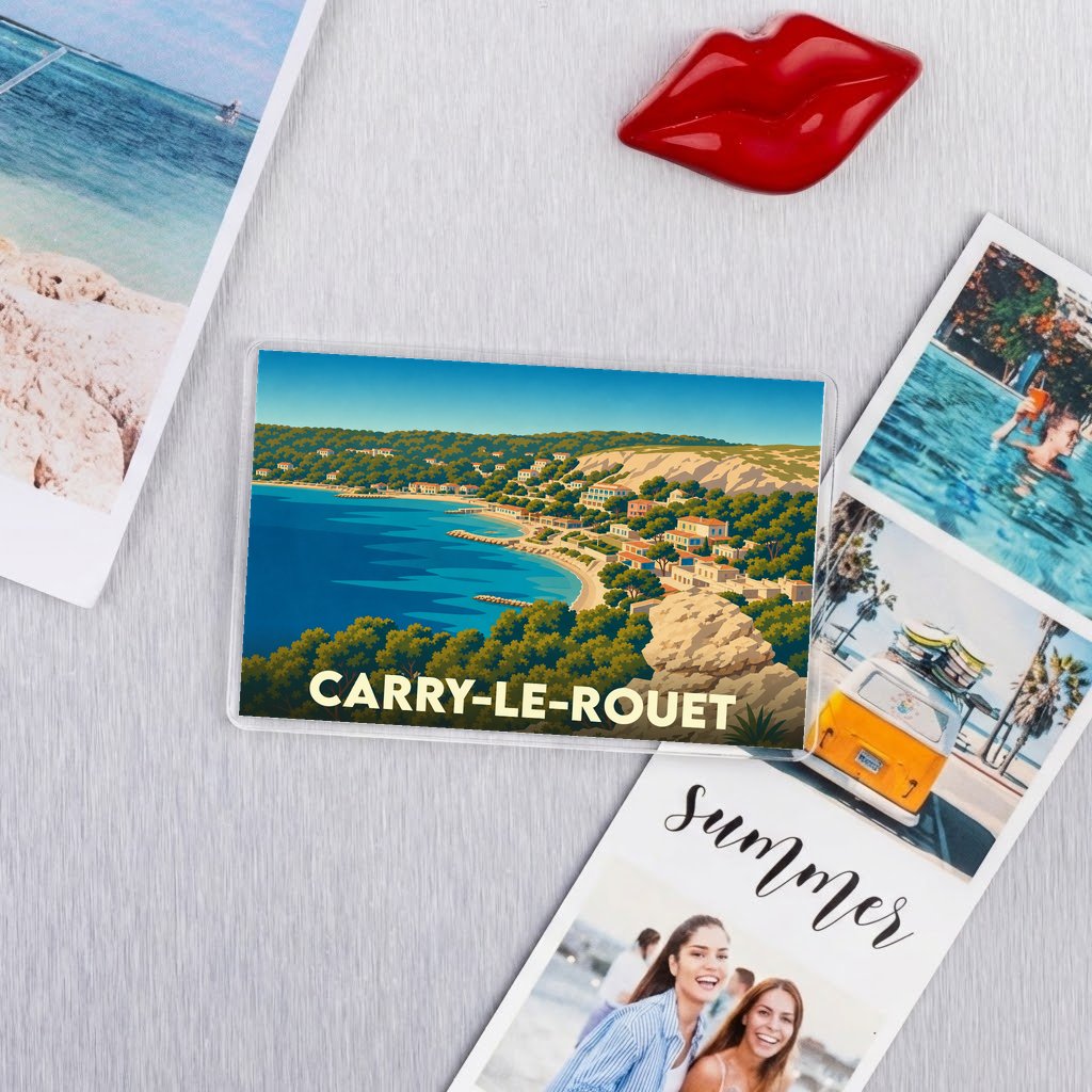 Magnet souvenir de la ville de Carry-le-Rouet avec une illustration stylisée de sa côte.