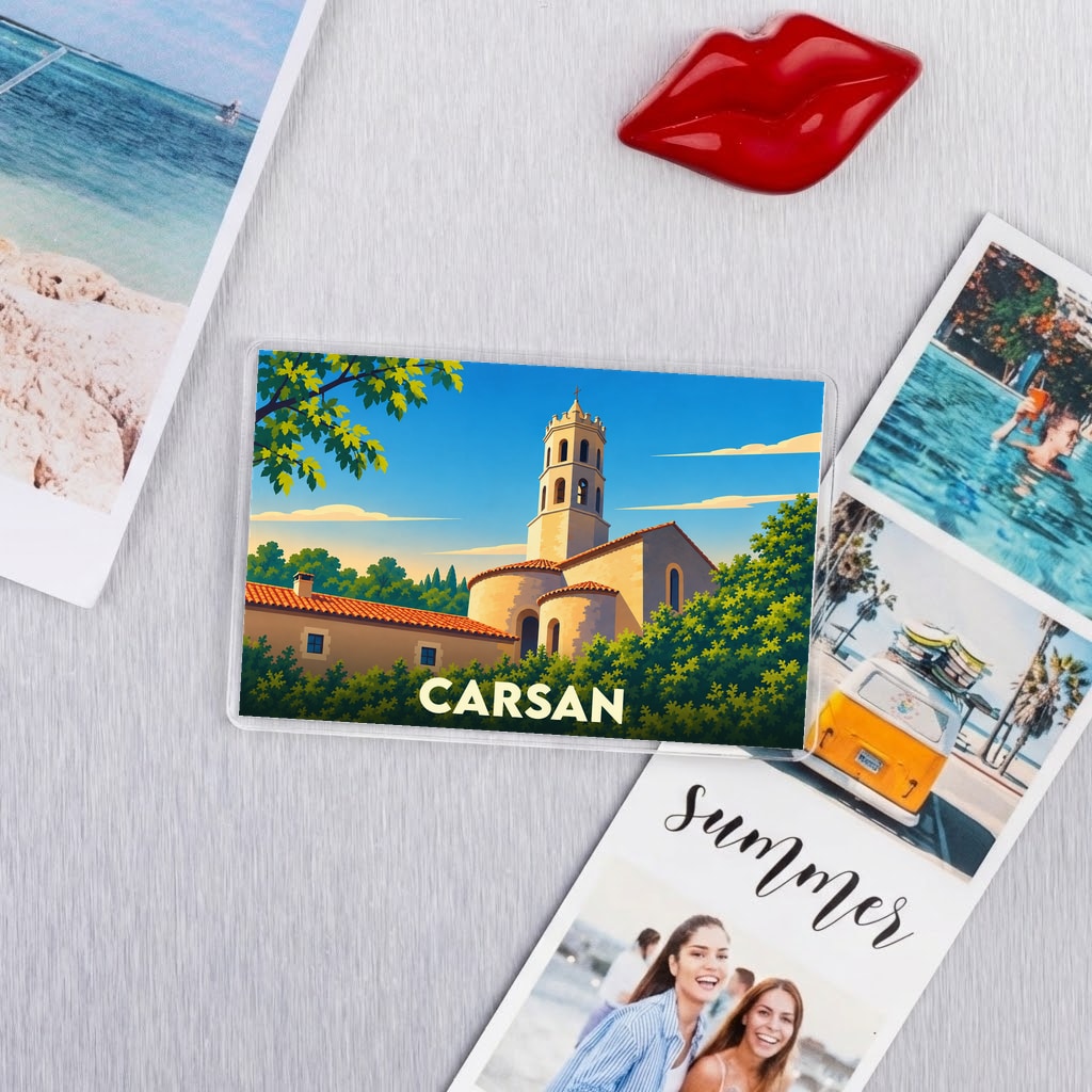 Magnet souvenir de la ville de Carsan avec une illustration stylisée de son église.