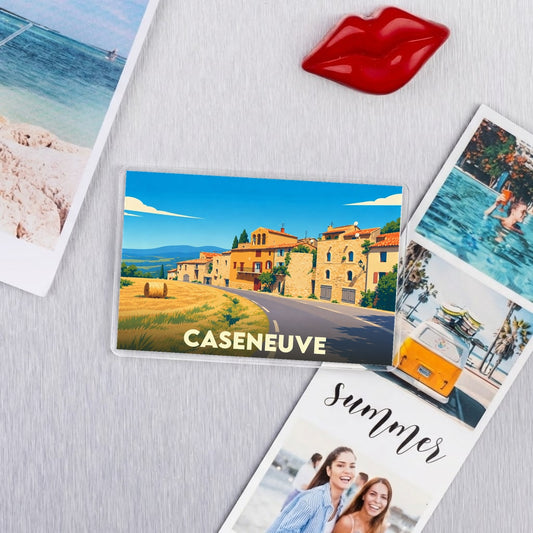 Magnet souvenir de la ville de Caseneuve avec une illustration stylisée de ses paysages provençaux.