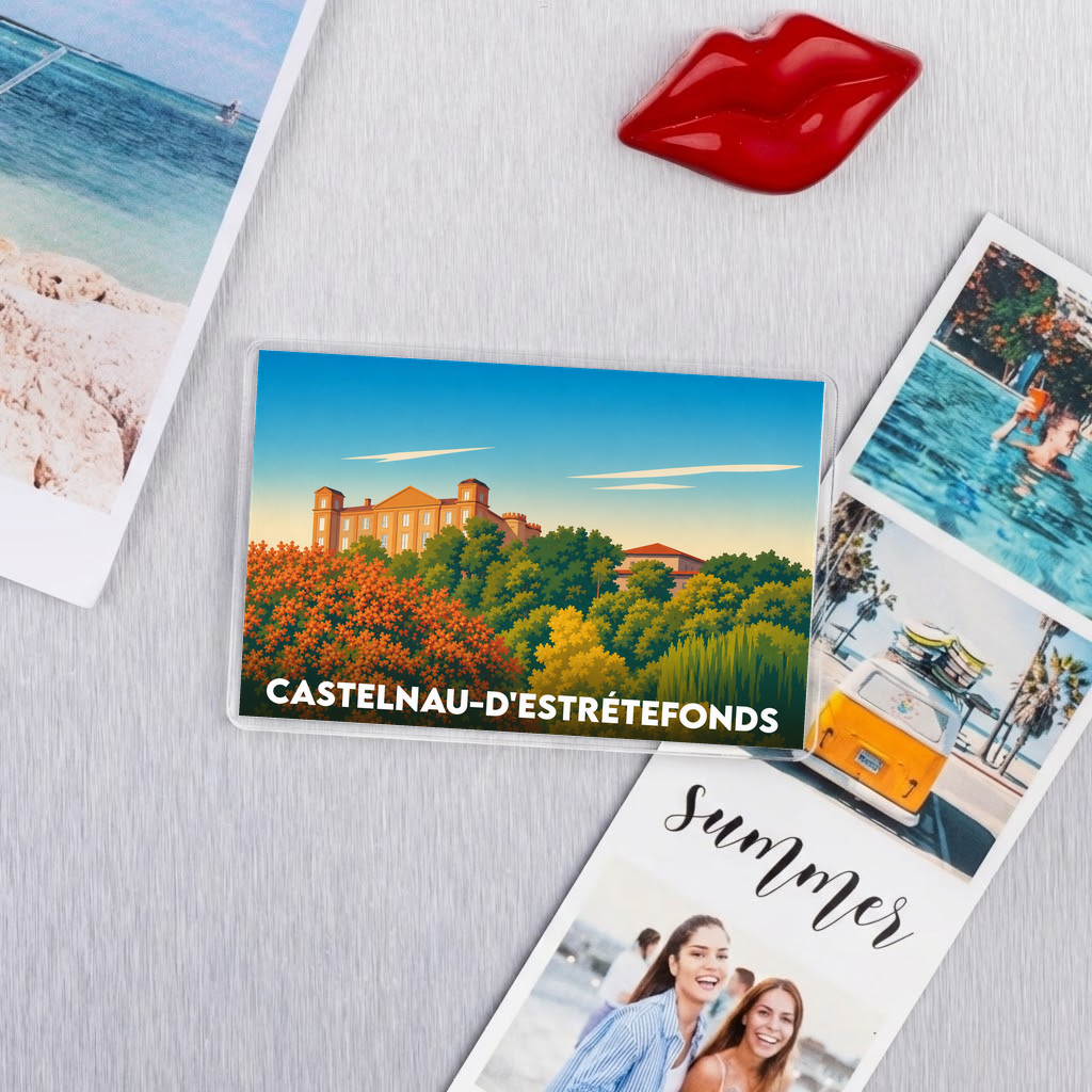 Magnet souvenir de la ville de Castelnau-d'Estrétefonds avec une illustration stylisée du château et de sa forêt.
