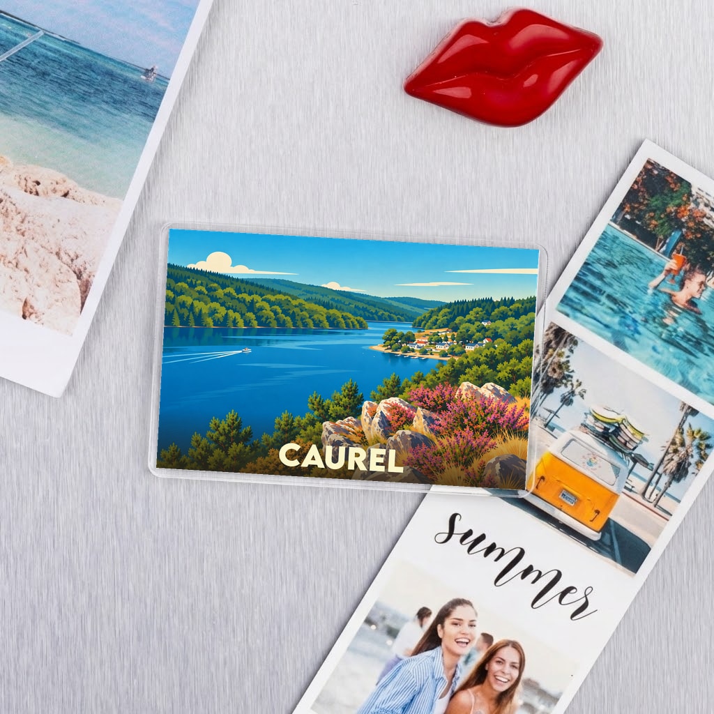 Magnet souvenir de la commune de Caurel avec une illustration stylisée de son lac et de ses paysages verdoyants.