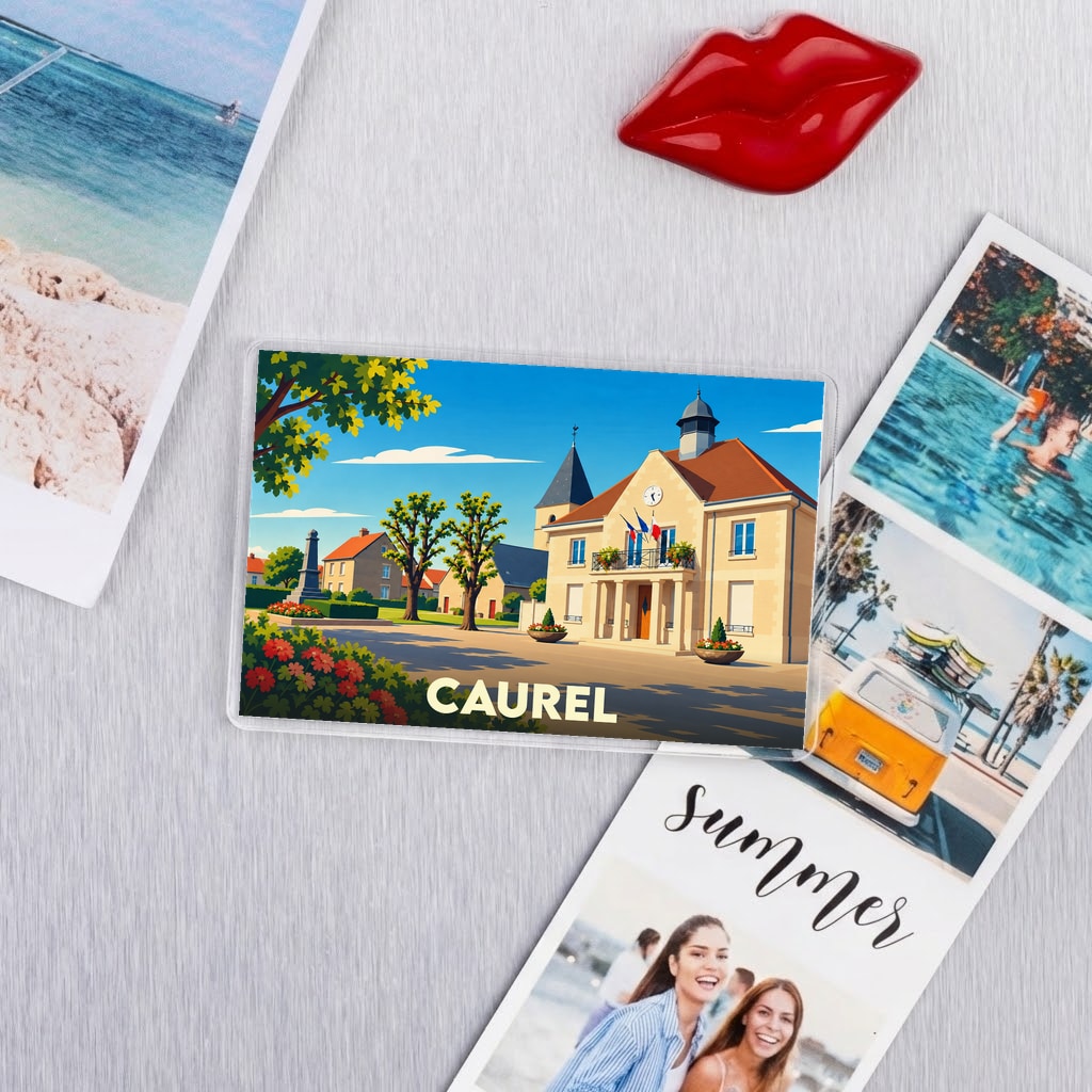 Magnet souvenir de la ville de Caurel avec une illustration stylisée de sa mairie.