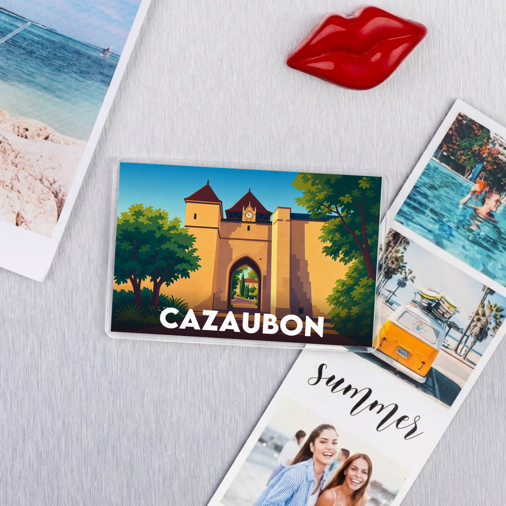 Magnet souvenir de la ville de Cazaubon avec une illustration stylisée.