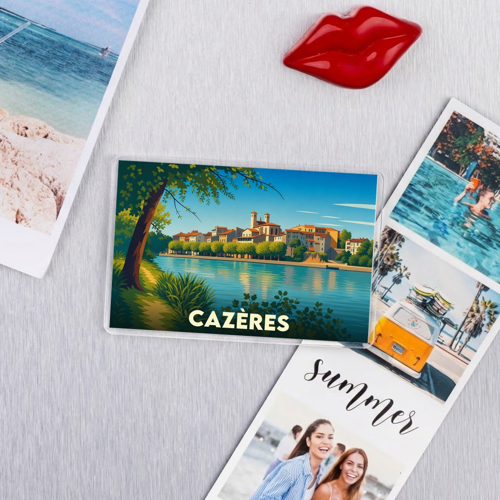 Magnet souvenir de la ville de Cazères avec une illustration stylisée des bords de Garonne.