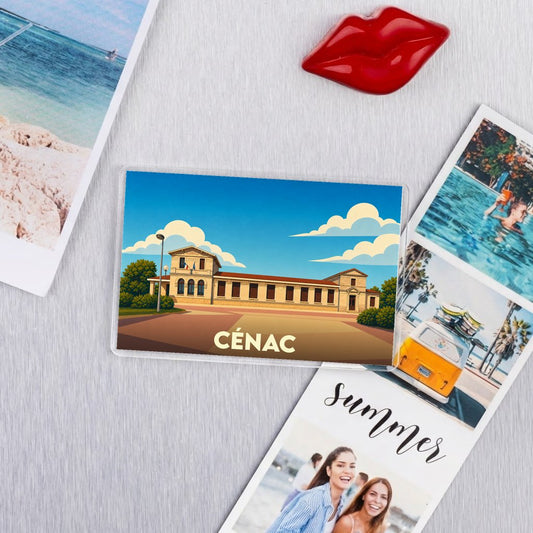 Magnet souvenir de la ville de Cénac avec une illustration stylisée d'un bâtiment emblématique.