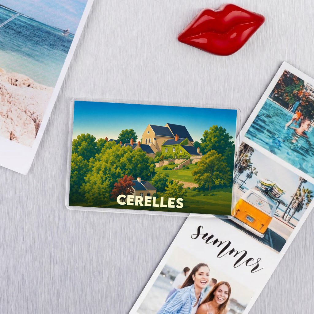 Magnet souvenir de la ville de Cerelles avec une illustration stylisée de son paysage.