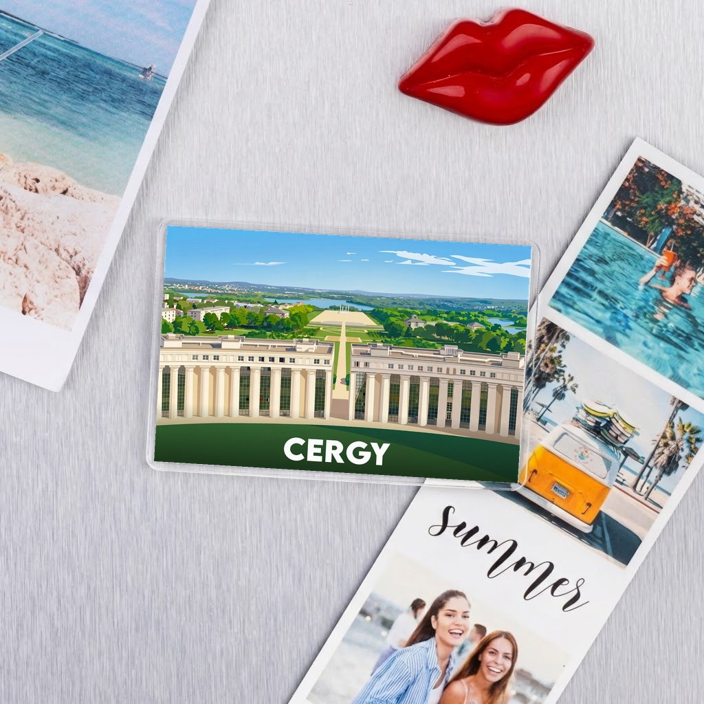 Magnet souvenir de la ville de Cergy avec une illustration stylisée.