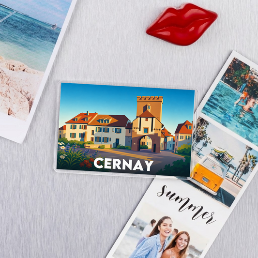 Magnet souvenir de la ville de Cernay avec une illustration stylisée.