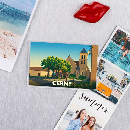 Magnet souvenir de la ville de Cerny avec une illustration stylisée de son église.