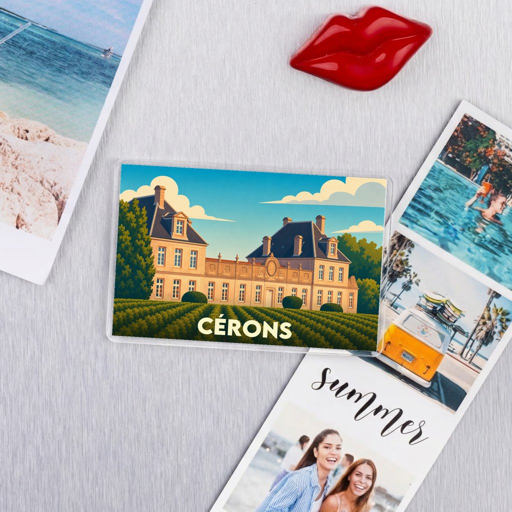 Magnet souvenir de la ville de Cérons avec une illustration stylisée d'un château et de ses vignobles.