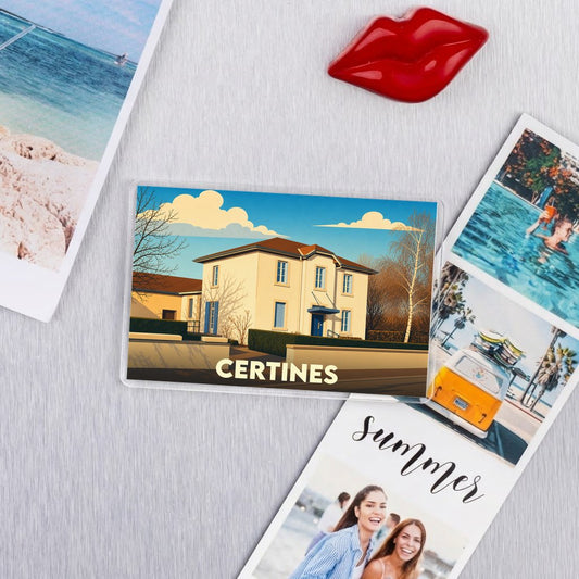 Magnet souvenir de la ville de Certines avec une illustration stylisée.