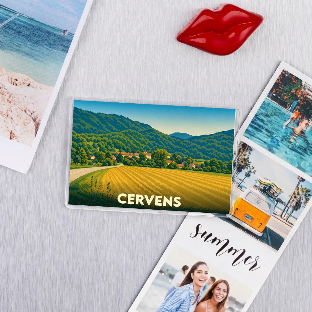 Magnet souvenir de la ville de Cervens avec une illustration de paysages vallonnés.