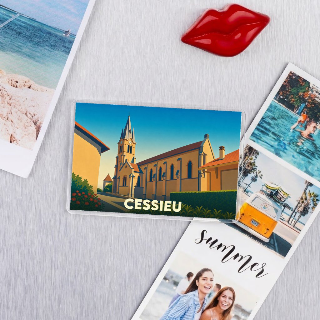 Magnet souvenir de la ville de Cessieu avec une illustration stylisée de son église.