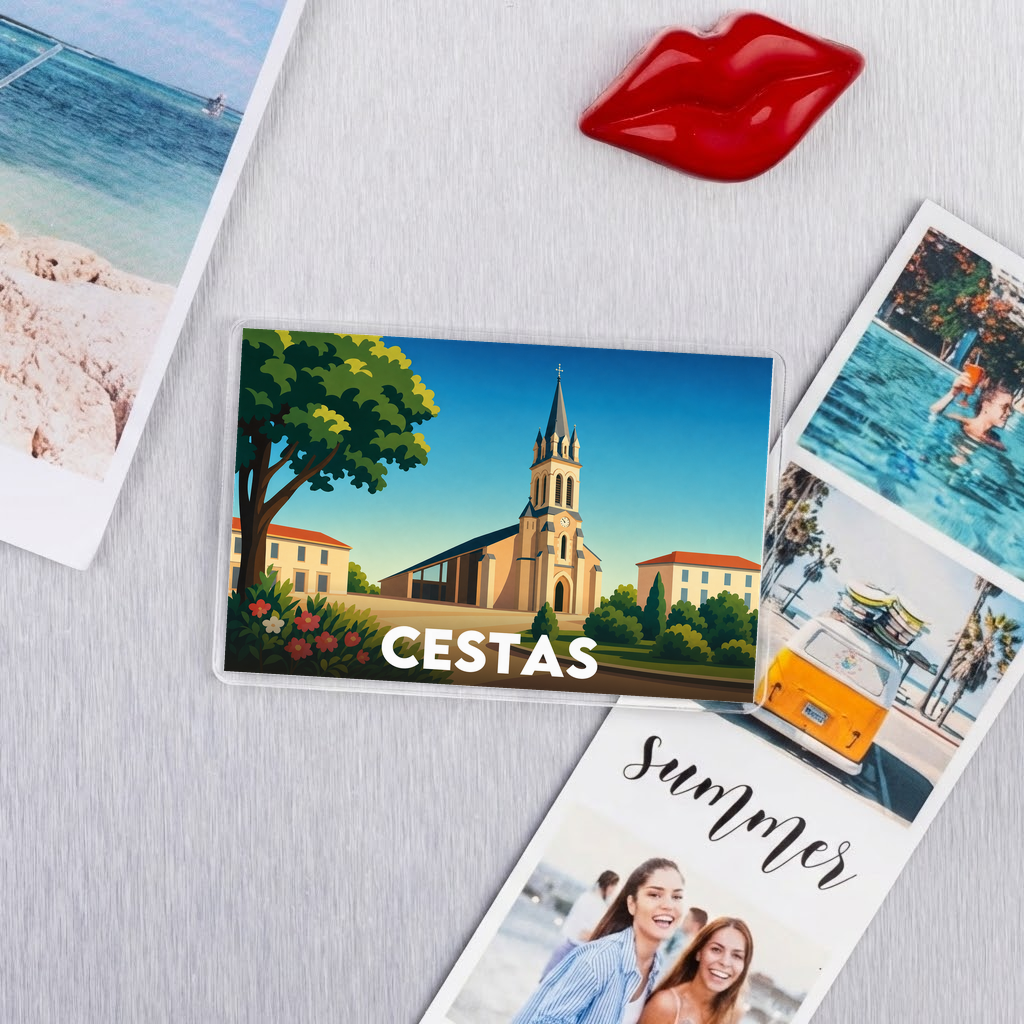 Magnet souvenir de la ville de Cestas avec une illustration stylisée.