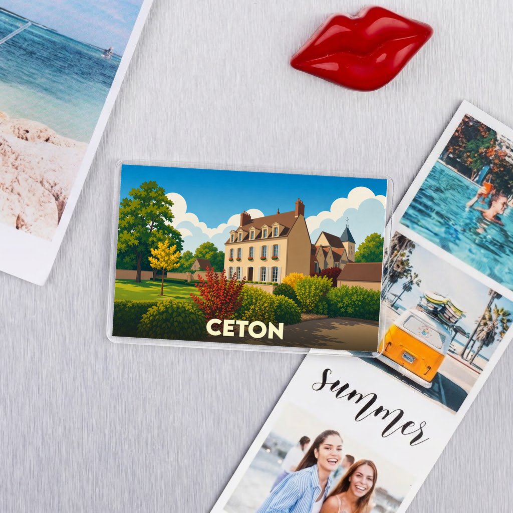 Magnet souvenir de la ville de Ceton avec une illustration stylisée d'un manoir et de jardins.
