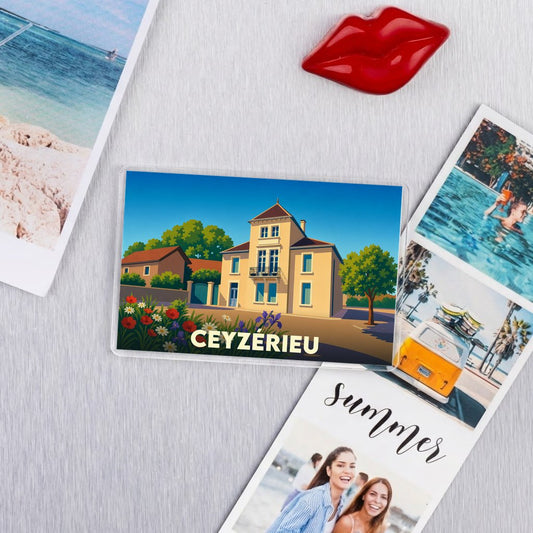 Magnet souvenir de la ville de Ceyzérieu avec une illustration stylisée d'une maison de maître.