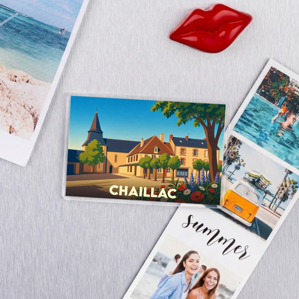 Magnet souvenir de la ville de Chaillac avec une illustration stylisée de son église et de ses maisons.