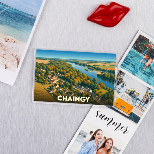 Magnet souvenir de la ville de Chaingy avec une illustration de paysage champêtre.