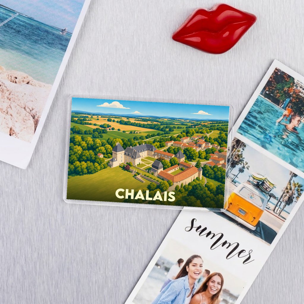 Magnet souvenir de la ville de Chalais avec une illustration stylisée de son château et de ses paysages.