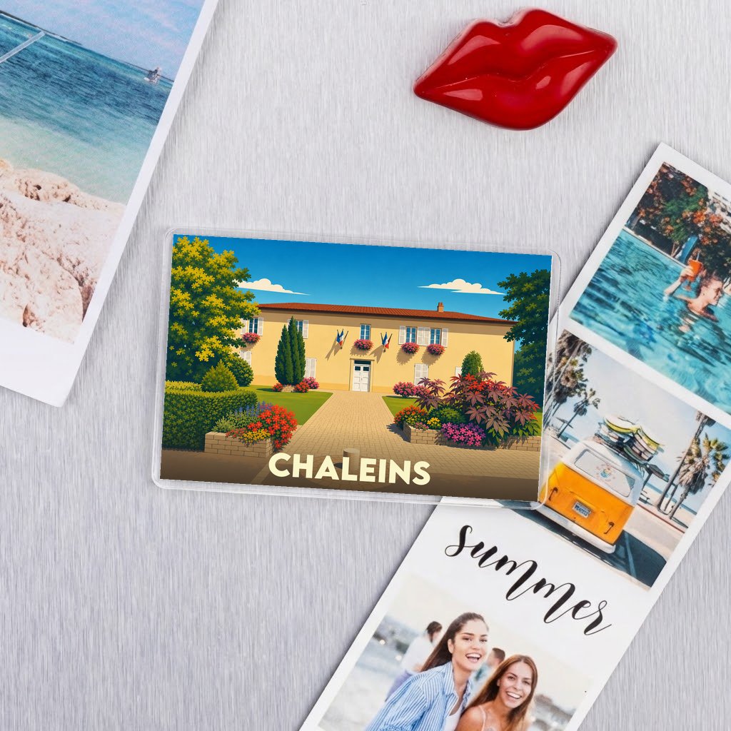 Magnet souvenir de la ville de Chaleins avec une illustration stylisée d'un bâtiment fleuri.