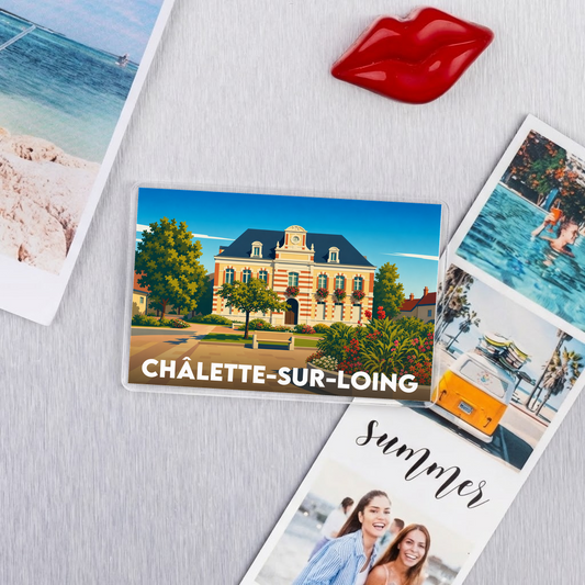 Magnet souvenir de la ville de Châlette-sur-Loing avec une illustration stylisée.