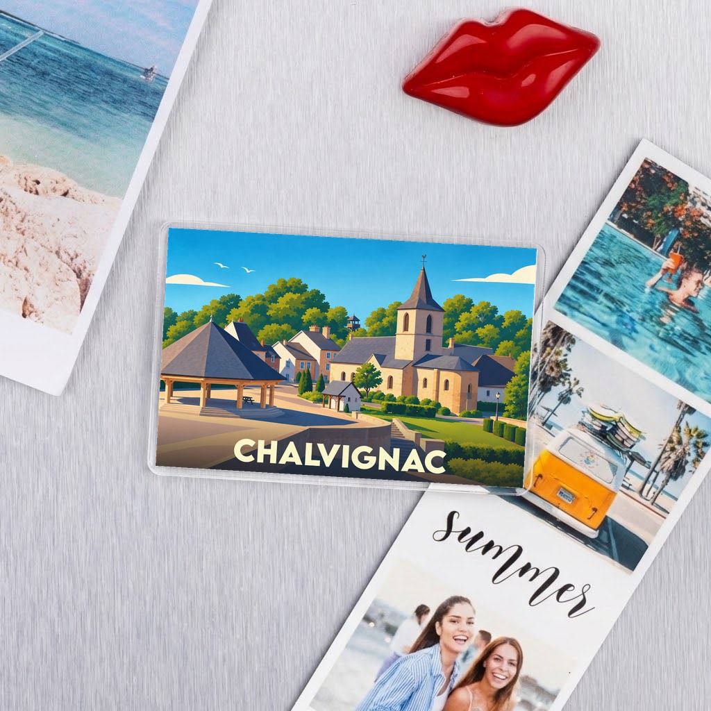 Magnet souvenir de la ville de Chalvignac avec une illustration stylisée et colorée.