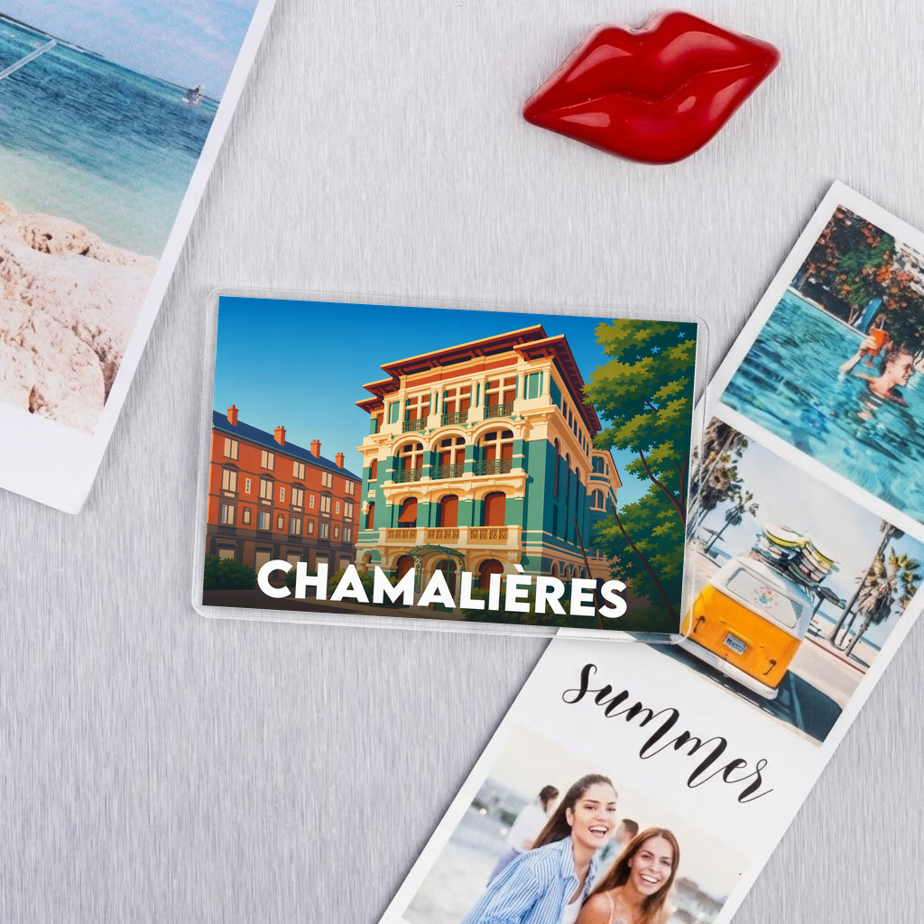 Magnet souvenir de la ville de Chamalières avec une illustration stylisée de ses bâtiments.