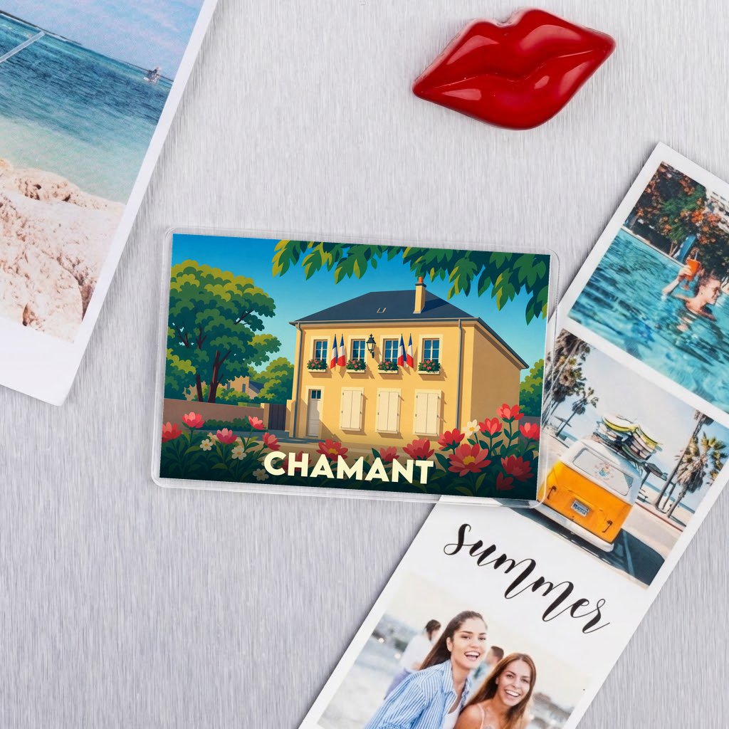 Magnet souvenir de la ville de Chamant avec une illustration stylisée d'une maison traditionnelle.