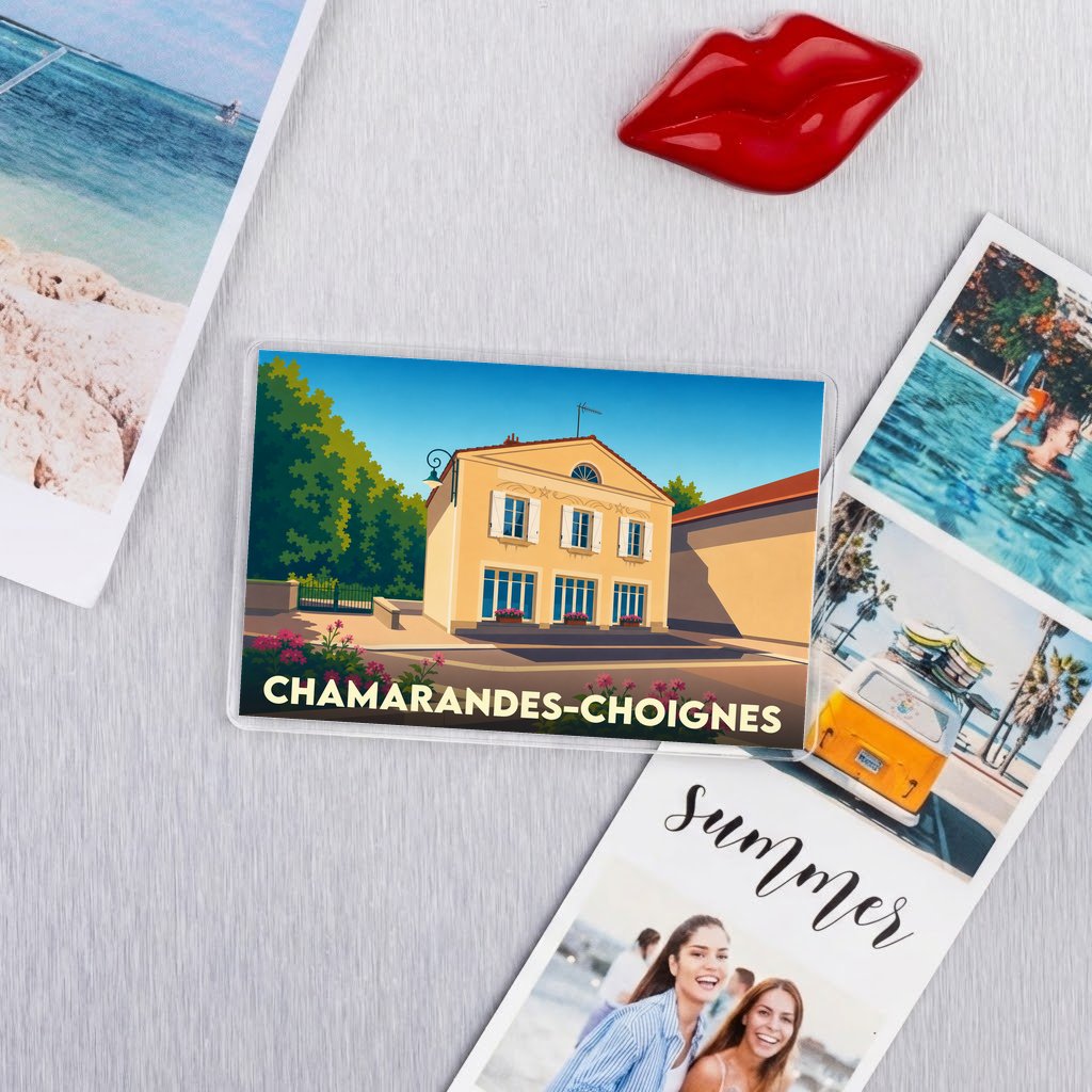 Magnet souvenir de la ville de Chamarandes-Choignes avec une illustration stylisée.
