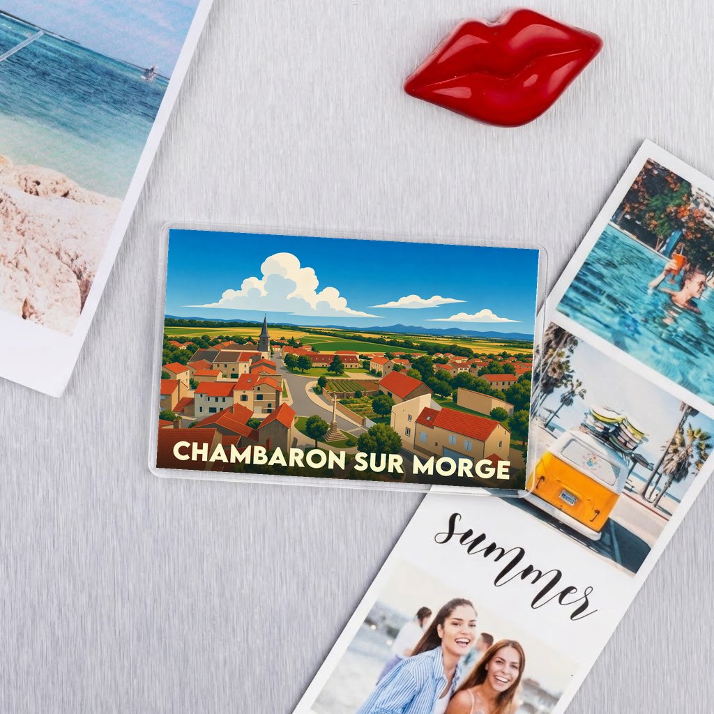 Magnet souvenir de la ville de Chambaron-sur-Morge avec une illustration panoramique stylisée.