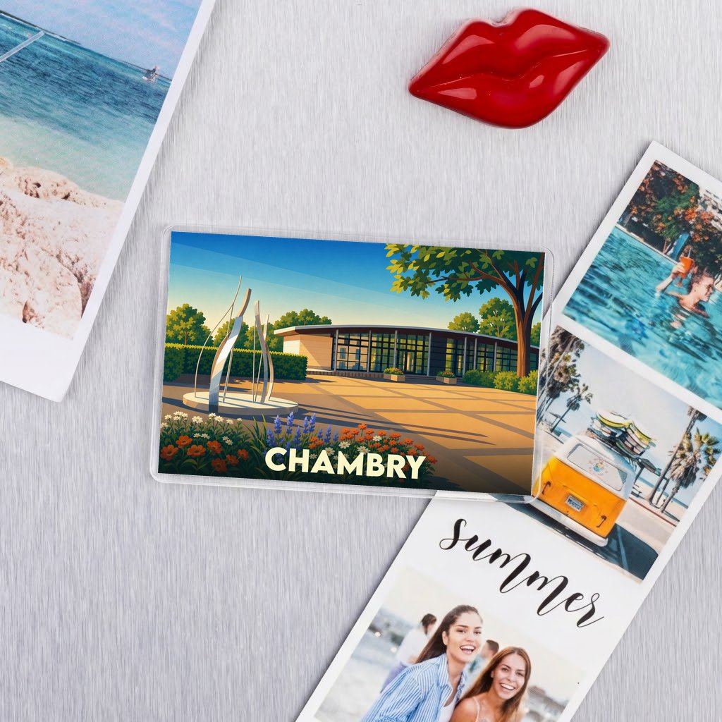 Magnet souvenir de la ville de Chambry avec une illustration colorée et stylisée.